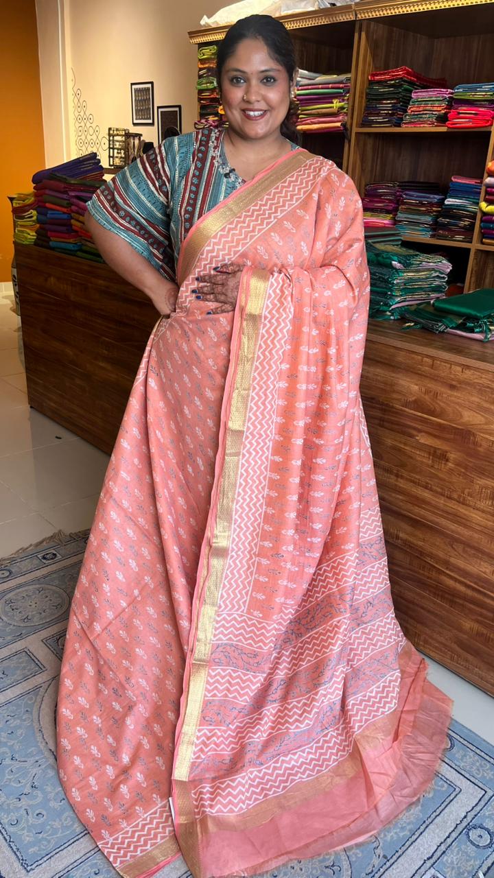 Chanderi Handblock Print Saree -51-04-01-05 (Chanderi Pastels)