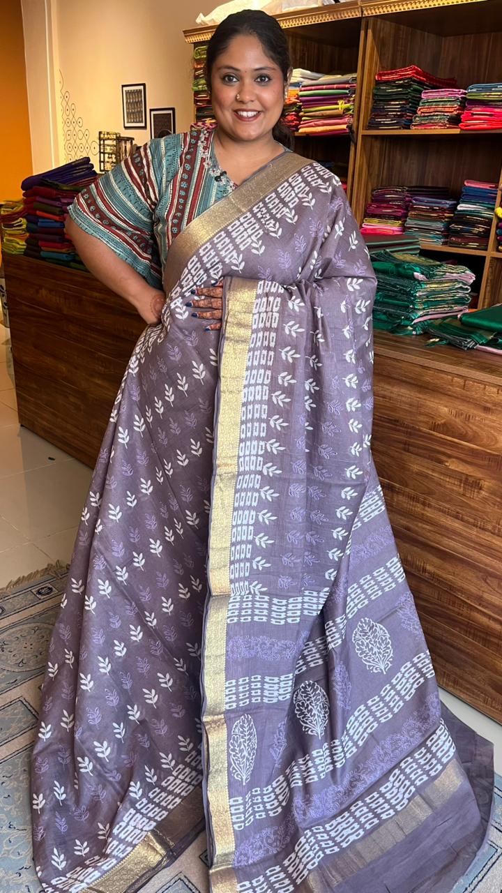 Chanderi Handblock Print Saree -51-04-01-06 (Chanderi Pastels)