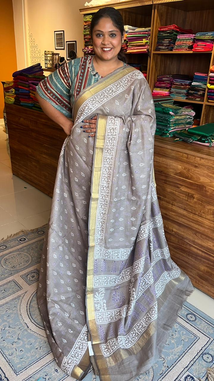 Chanderi Handblock Print Saree -51-04-01-08 (Chanderi Pastels)