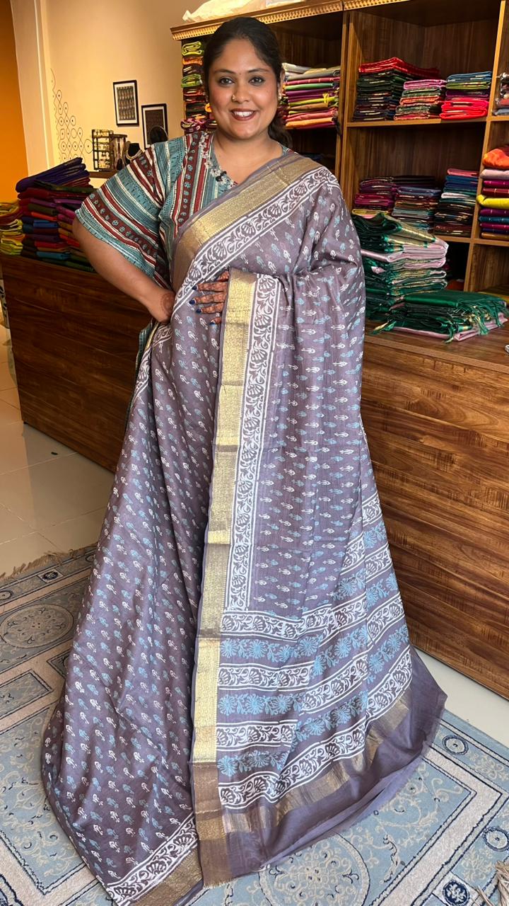 Chanderi Handblock Print Saree -51-04-01-03 (Chanderi Pastels)
