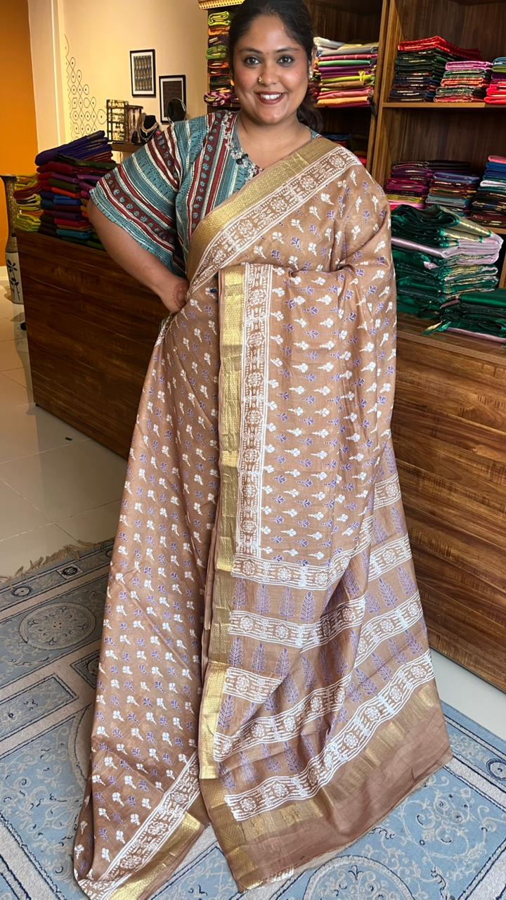 Chanderi Handblock Print Saree - 51-04-01-04 (Chanderi Pastels)