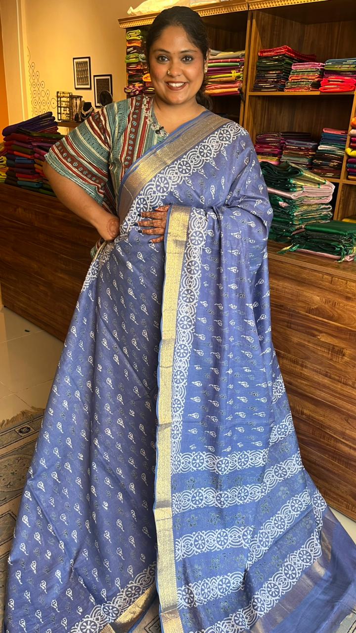 Chanderi Handblock Print Saree - 51-04-01-09 (Chanderi Pastels)