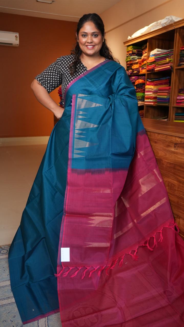 Kora Silk Cotton Saree - 04-04-01-01 (FLOWING TEAL)