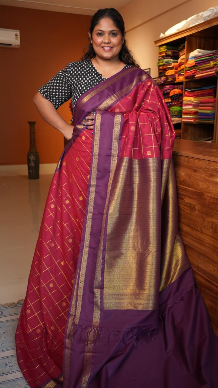 Kanchi Semi Silk Kattam Saree -01-03-15-62 (VERMILION DYE)