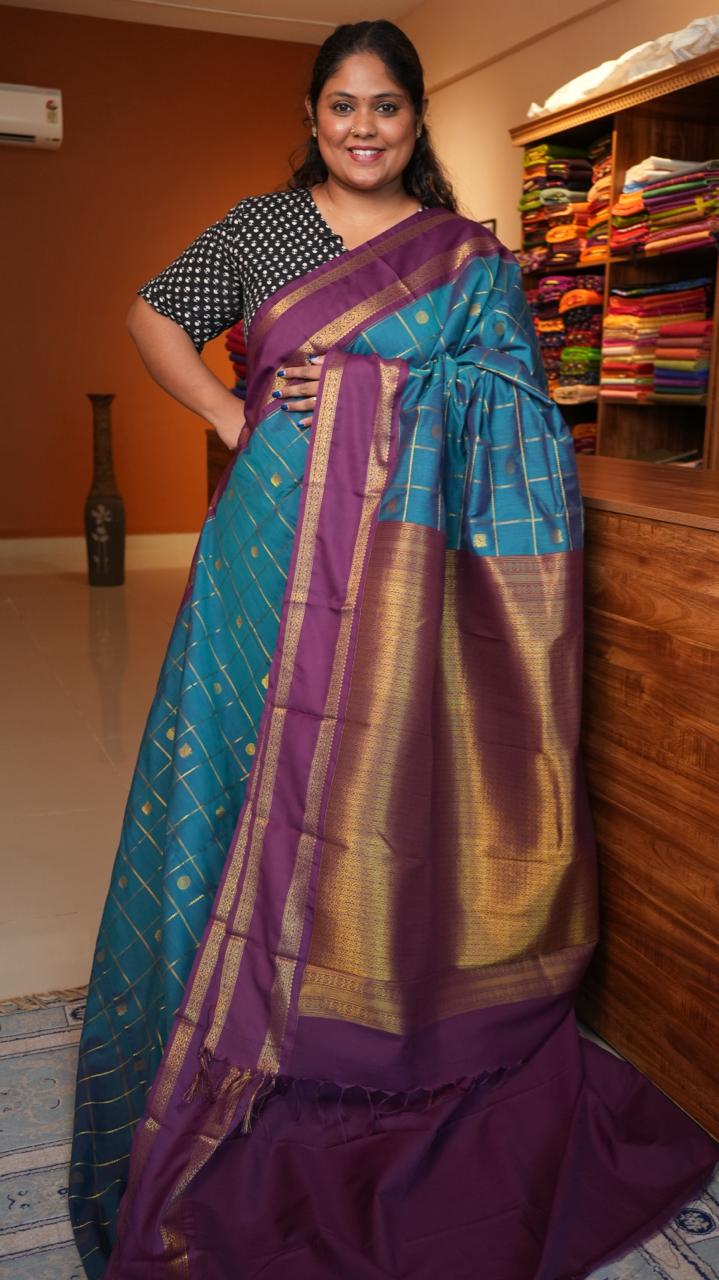 Kanchi Semi Silk Kattam Saree -01-03-15-61 (VERDIGRIS INK)