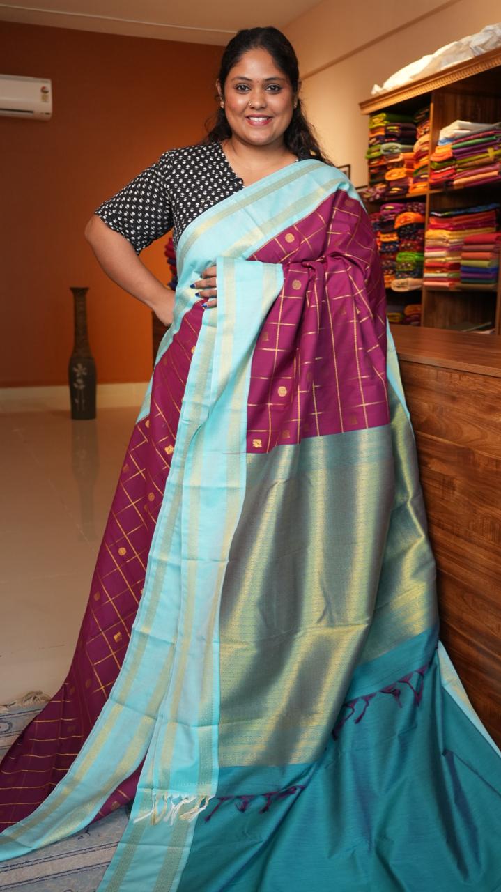 Kanchi Semi Silk Kattam Saree -01-03-15-78 (RASPBERRY DYE)