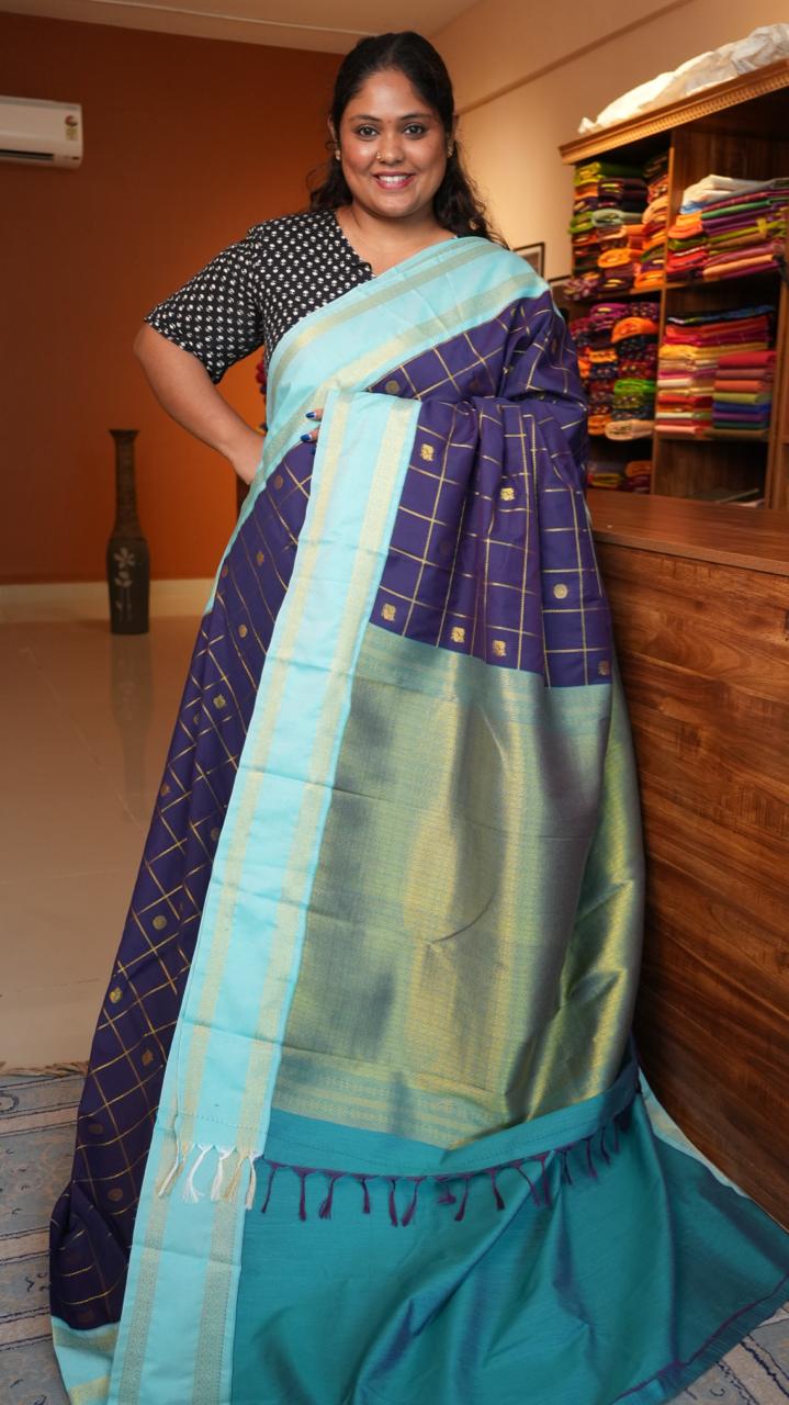 Kanchi Semi Silk Kattam Saree -01-03-15-75 (INDIGO INK)