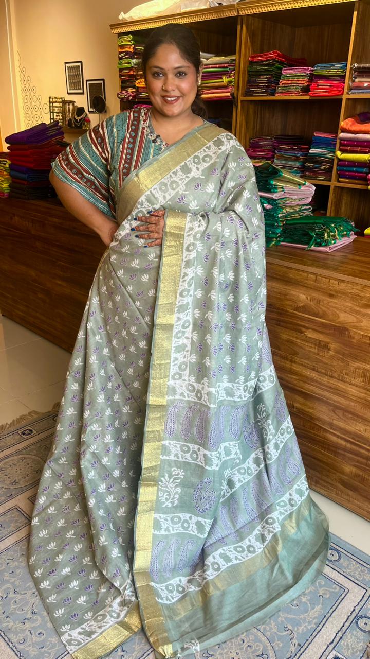 Chanderi Handblock Print Saree -51-04-01-01 (Chanderi Pastels)