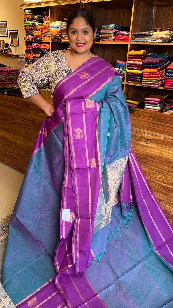 Pure Silk Cotton Kattam Saree - Dual tone (Mix of blue, green and shot of purple) 01-07C-05-03