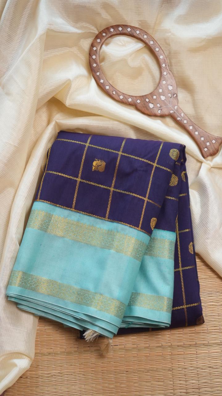 Kanchi Semi Silk Kattam Saree -01-03-15-75 (INDIGO INK)