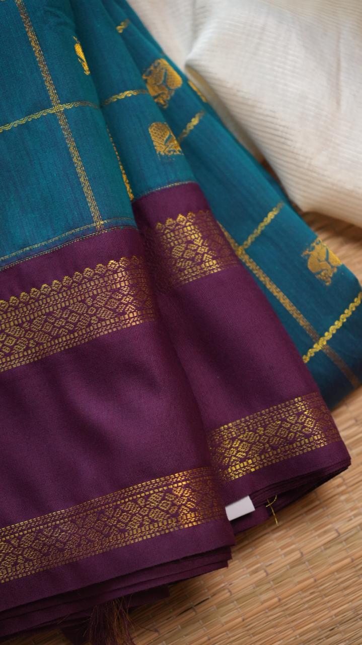 Kanchi Semi Silk Kattam Saree -01-03-15-60 (VERDIGRIS INK)