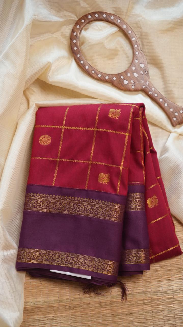 Kanchi Semi Silk Kattam Saree -01-03-15-62 (VERMILION DYE)