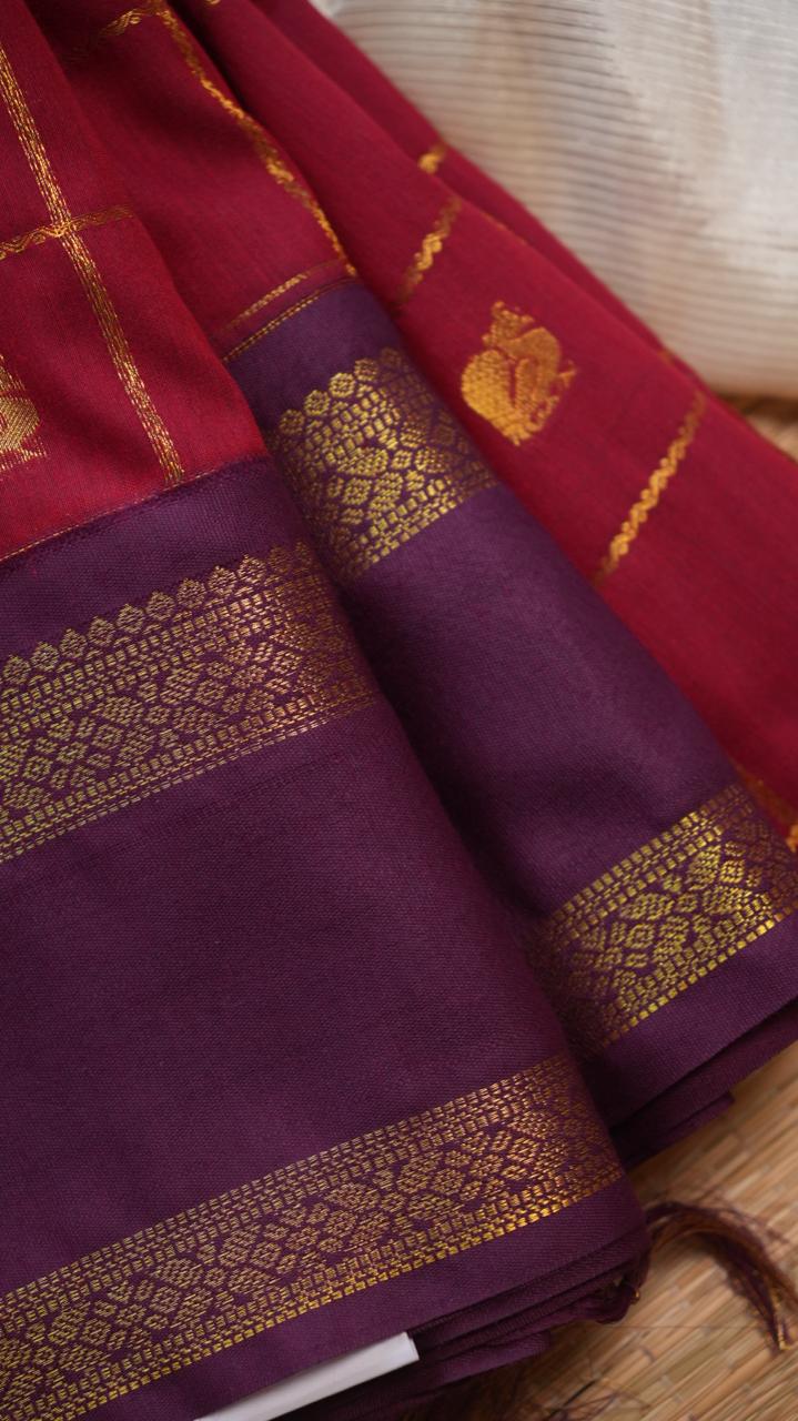 Kanchi Semi Silk Kattam Saree -01-03-15-62 (VERMILION DYE)