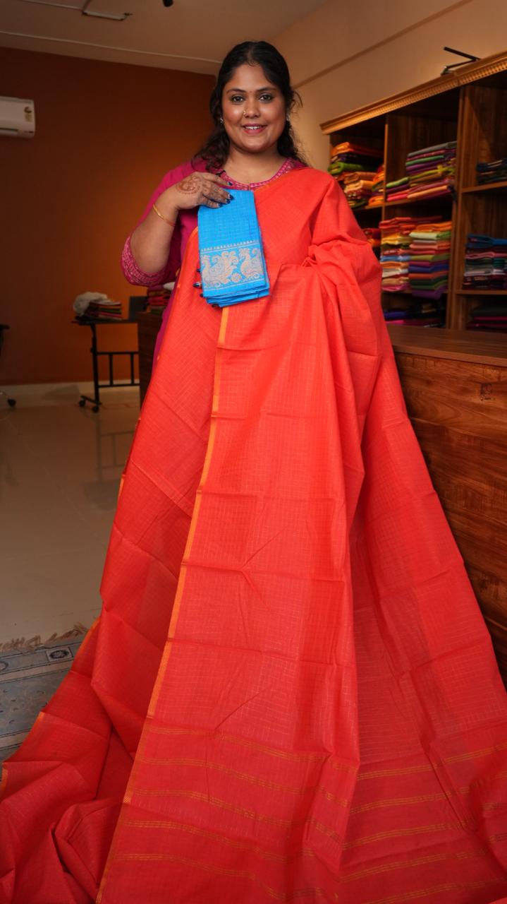 Madurai Cotton Kattam Saree -11-04F-01-09 (COUTURE CORAL)