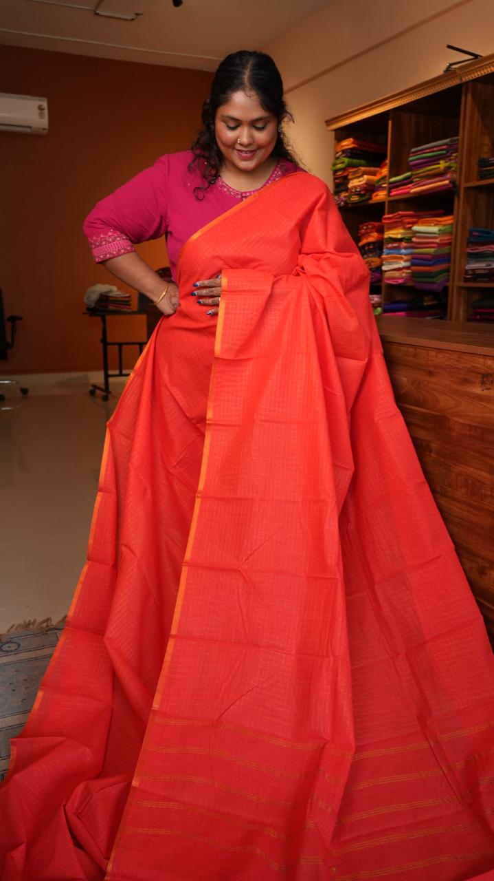 Madurai Cotton Kattam Saree -11-04F-01-09 (COUTURE CORAL)