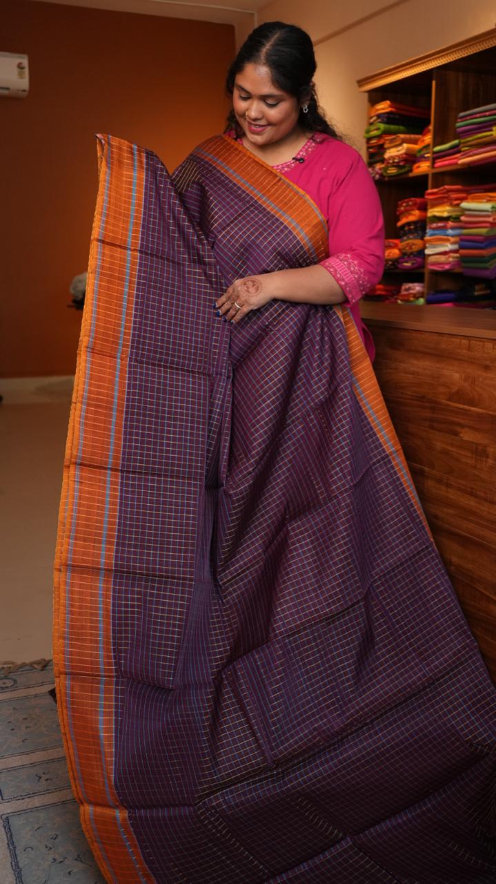 Devendra 10.5 Yards Madisar Checks Saree - 12-01C-09-10.5Y-02 (ROYAL FORD PLUM)