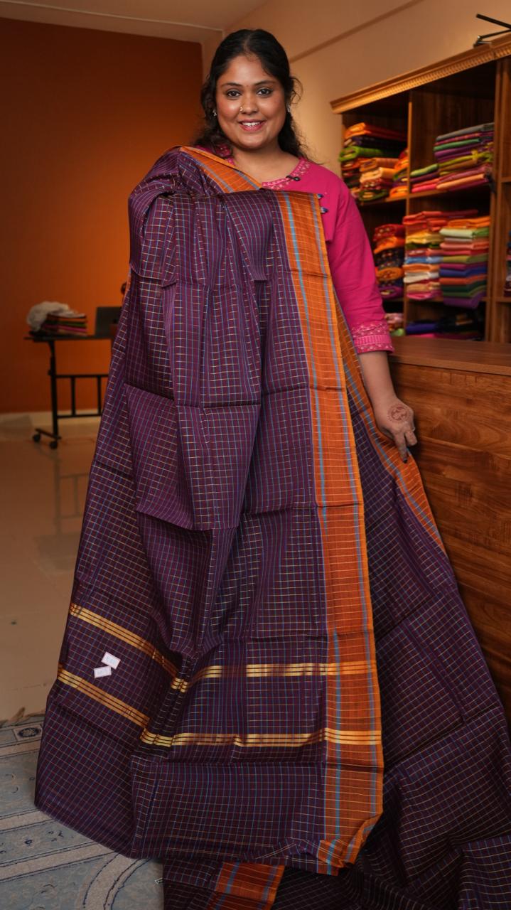 Devendra 10.5 Yards Madisar Checks Saree - 12-01C-09-10.5Y-02 (ROYAL FORD PLUM)