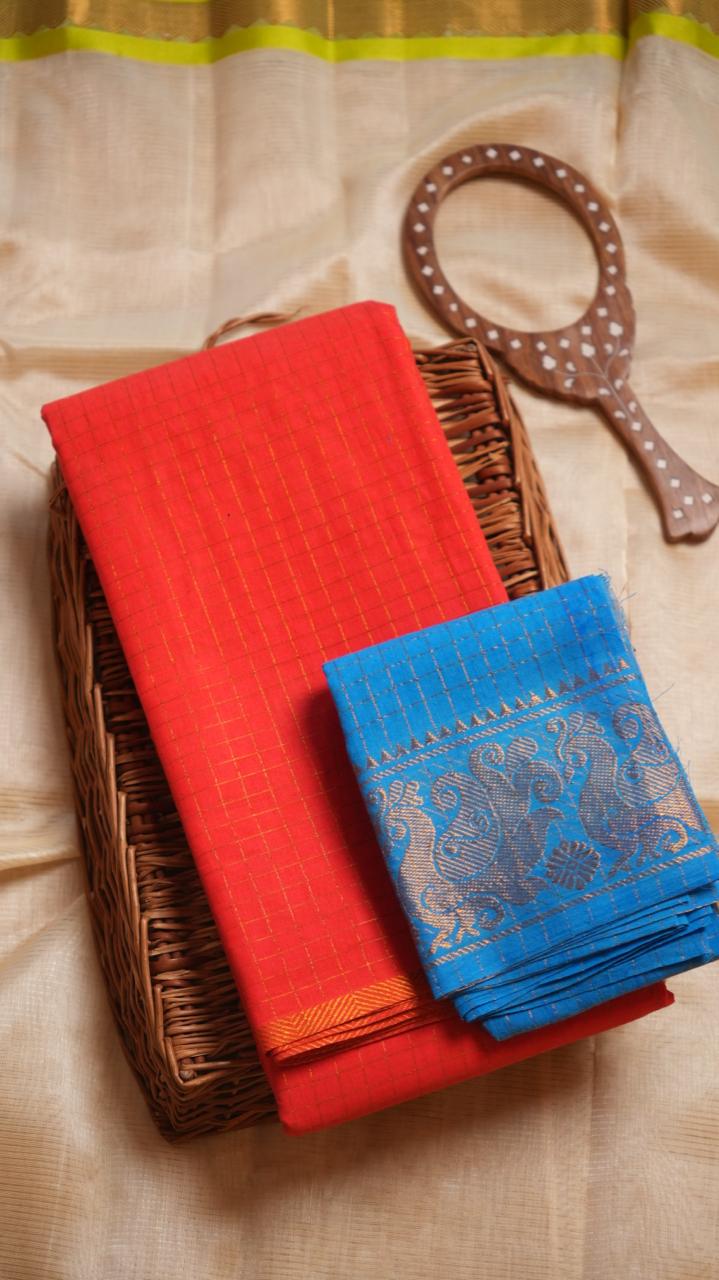 Madurai Cotton Kattam Saree -11-04F-01-09 (COUTURE CORAL)