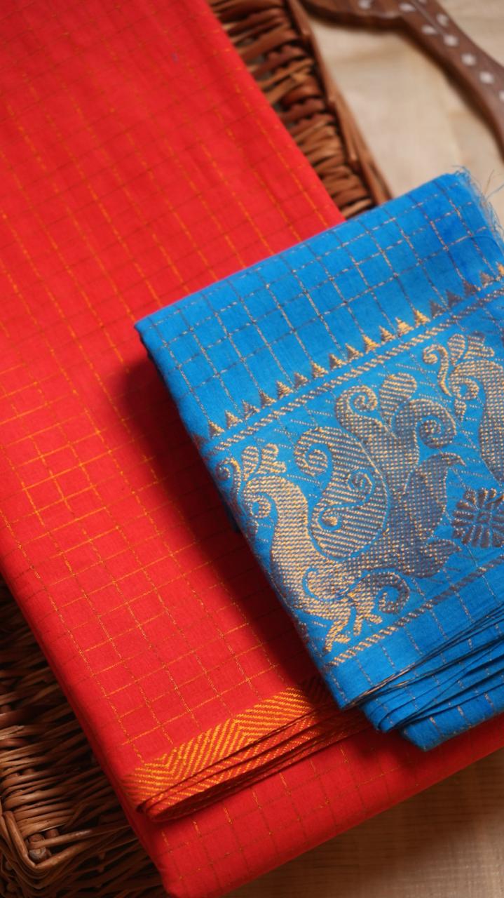 Madurai Cotton Kattam Saree -11-04F-01-09 (COUTURE CORAL)