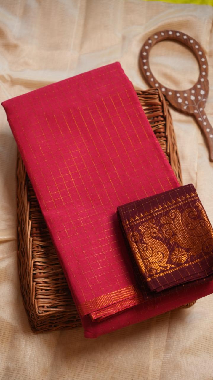 Madurai Cotton Kattam Saree -11-04F-01-06 (VOGUE CERISE)
