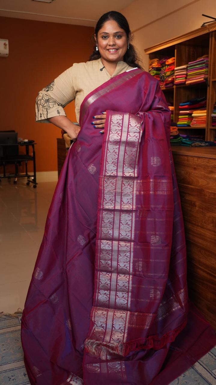 Mangalgiri Silk Cotton Kanchi Border with Bhutta Saree - 15-04-03-15 (MULBERRY MUSE)