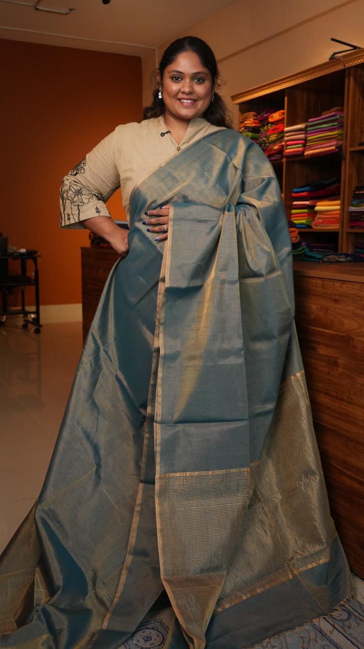 Maheshwari Silk Cotton Plain Tissue Saree - 05-02B-01-16 (MEDITERRANEAN SEA SALT)