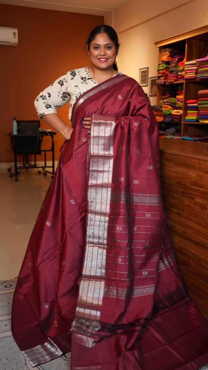 Mangalgiri Silk Cotton Kanchi Border with Bhutta Saree - 15-04-03-11 (CRIMSON BERRY)