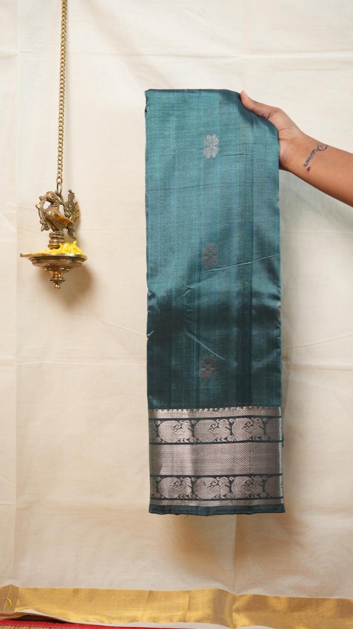 Mangalgiri Silk Cotton Kanchi Border with Bhutta Saree - 15-04-03-02 (TEAL OCEAN)