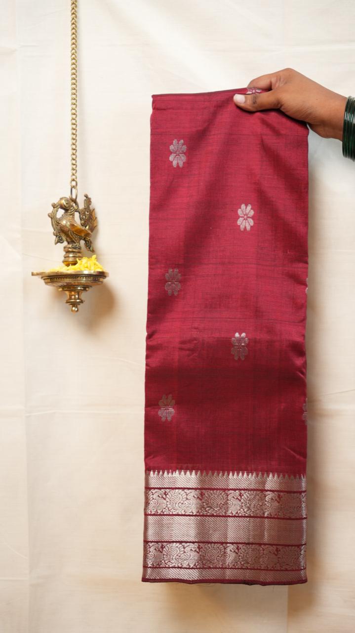 Mangalgiri Silk Cotton Kanchi Border with Bhutta Saree - 15-04-03-11 (CRIMSON BERRY)