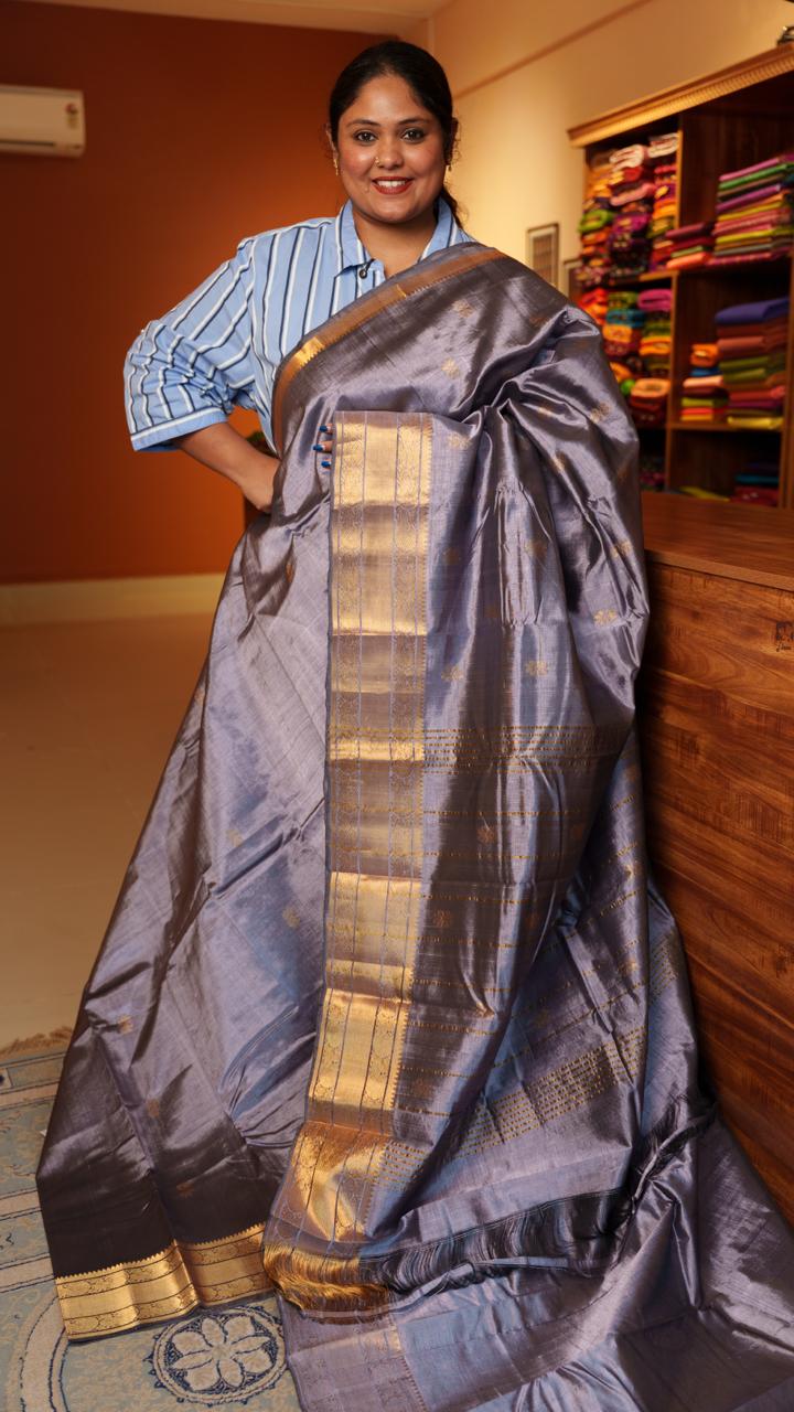 Mangalgiri Silk Cotton Kanchi Border with Bhutta Saree - 15-04-03-05 (SHADOW NEBULA)