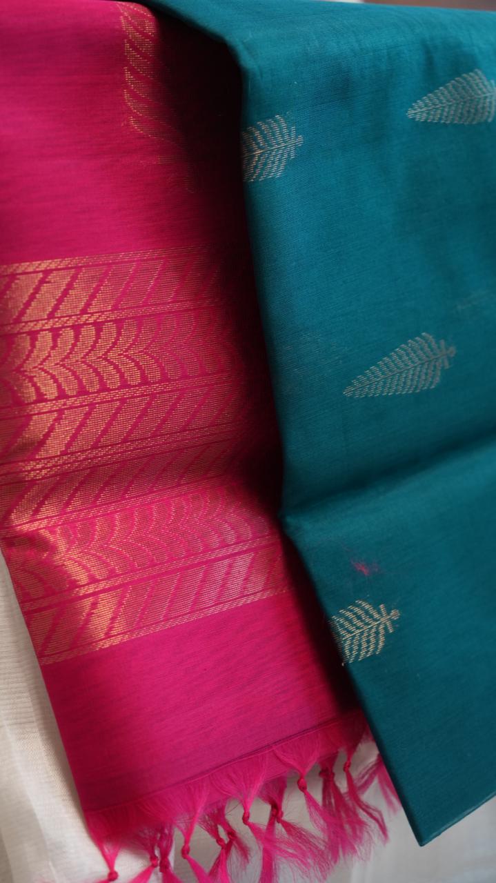 Kora Silk Cotton Saree - 04-04-02-09 (EUCALYPTUS ROSEFINCH)