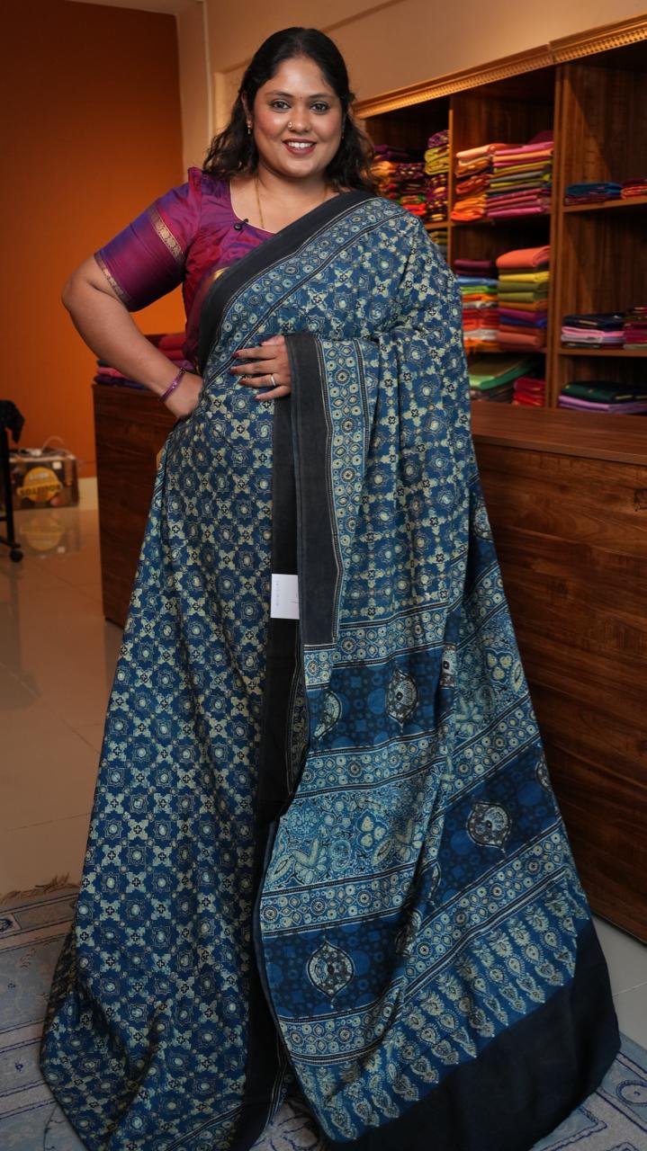 Ajrakh Cotton Saree - 46-12-01-10 (NEEL RAAT)