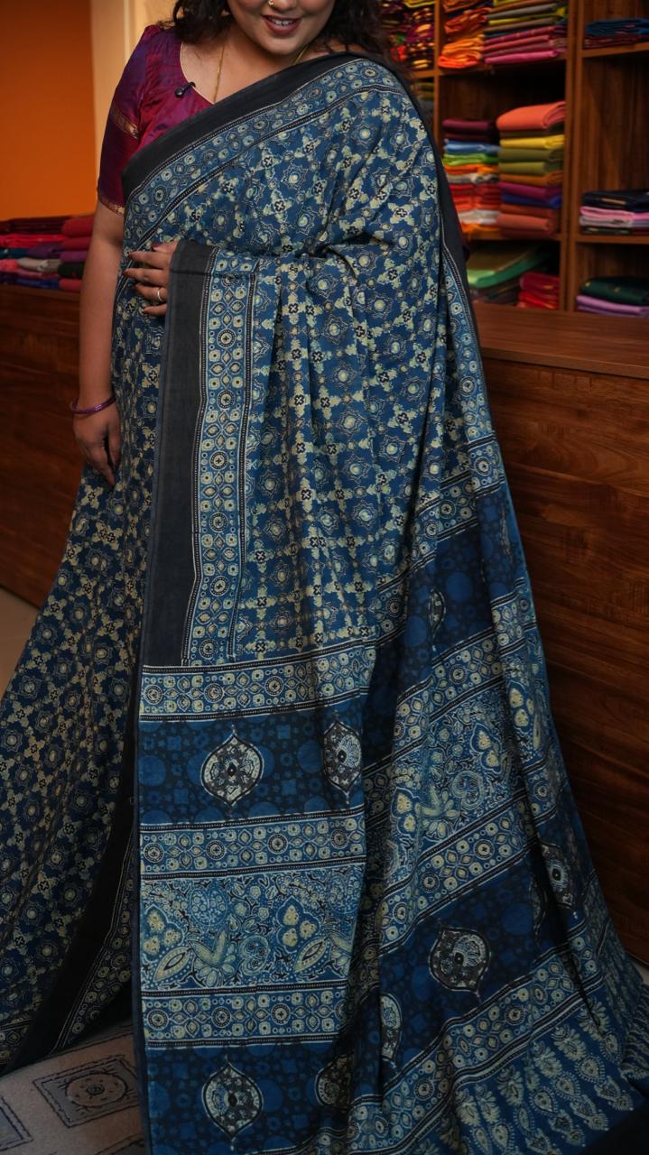 Ajrakh Cotton Saree - 46-12-01-10 (NEEL RAAT)