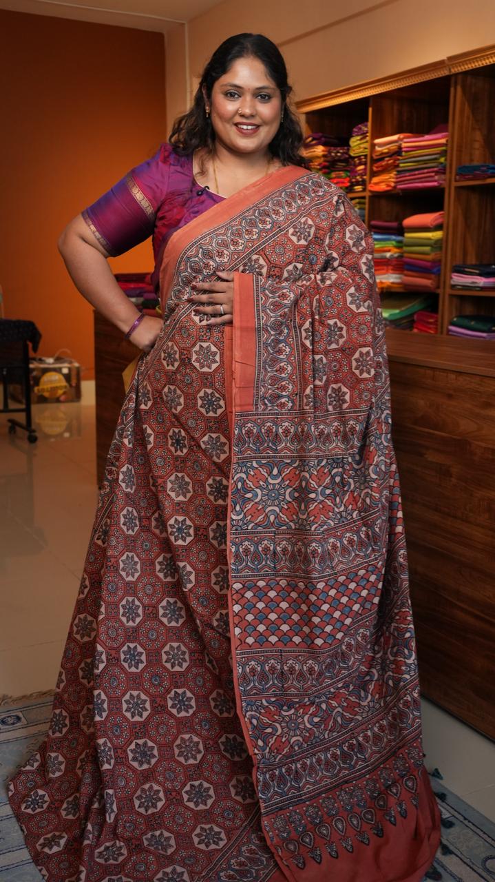 Ajrakh Cotton Saree - 46-12-01-05 (GERU)