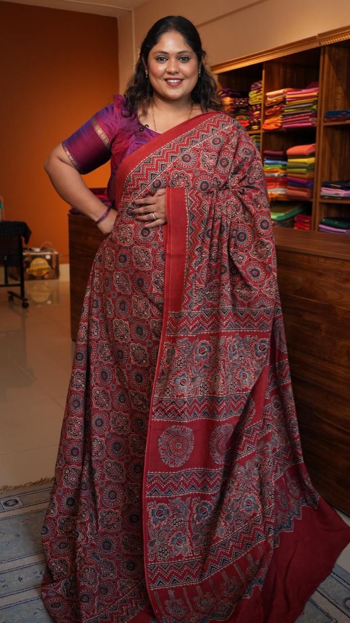 Ajrakh Cotton Saree - 46-12-01-01 (AJRAKH LAAL)