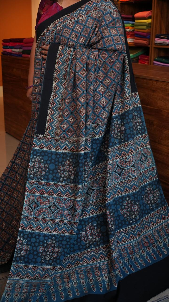 Ajrakh Cotton Saree - 46-12-01-03 (KUTCH NEEL)