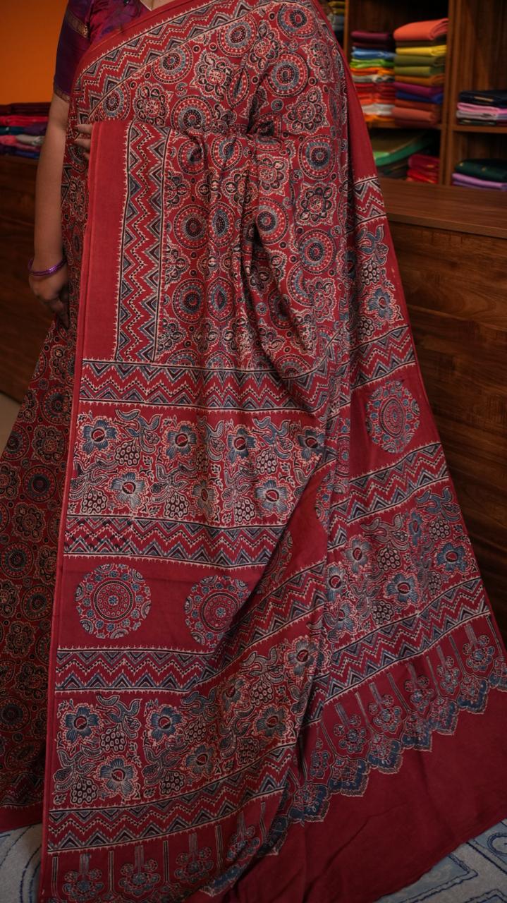 Ajrakh Cotton Saree - 46-12-01-01 (AJRAKH LAAL)