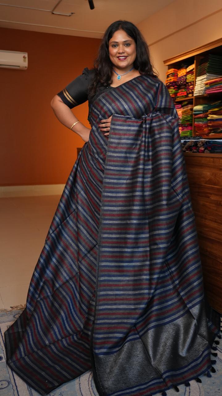 Baghalpuri Pure Linen Sarees -06-06-01-03 (DORIAN INDIGO WINE)