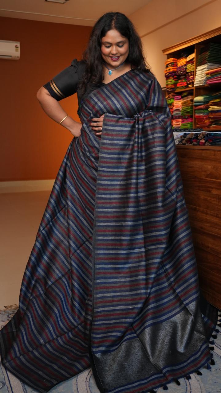 Baghalpuri Pure Linen Sarees -06-06-01-03 (DORIAN INDIGO WINE)