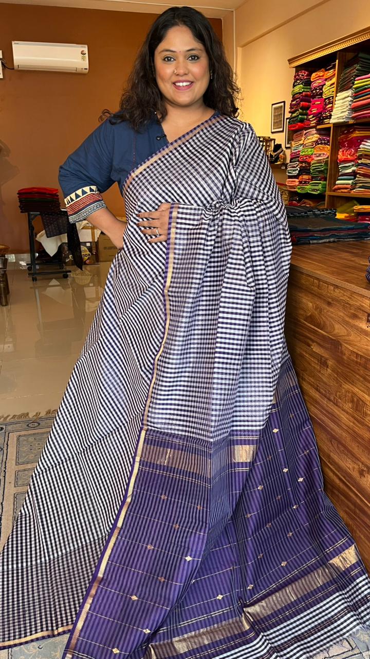 Maheshwari Silk Cotton Saree - 05-06B-02-02 (Purple Checks)