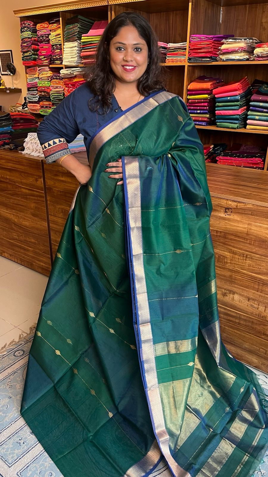 Maheshwari Silk Cotton Saree - 05-06B-03-05(Green Dual Shade)