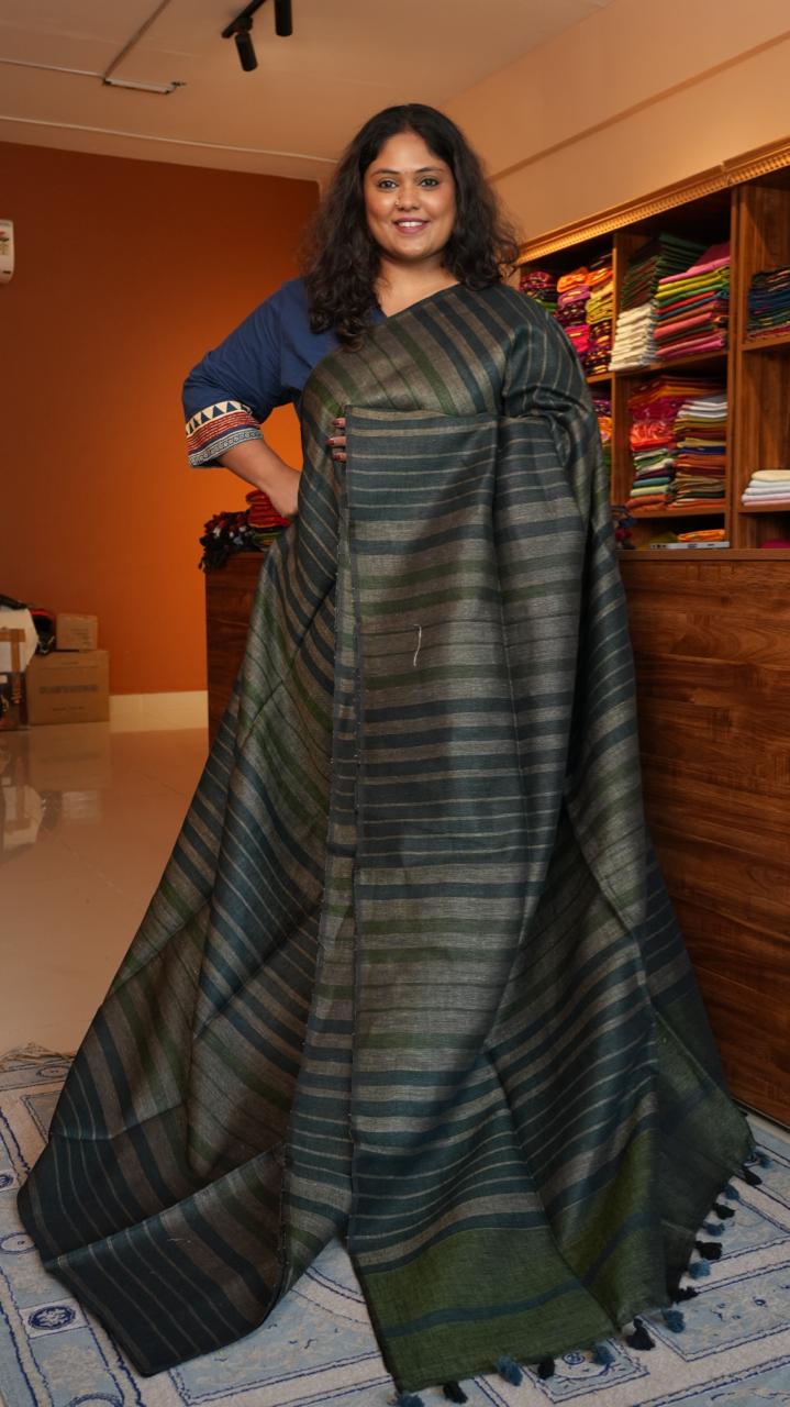 Bhagalpuri Pure Linen Saree - 06-06-01-12 (WOODLAND GREEN)