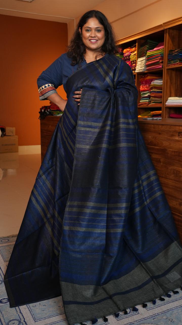Bhagalpuri Pure Linen Saree - 06-06-01-10 (MOONLIT NAVY)