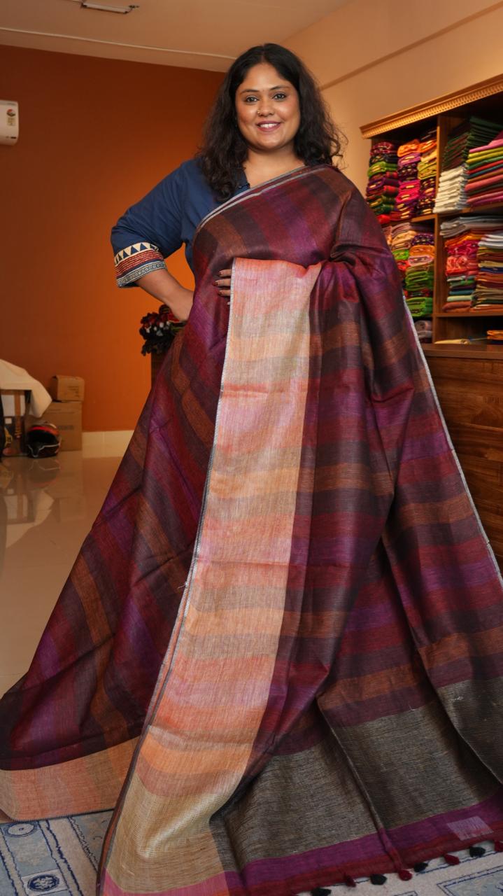 Bhagalpuri Pure Linen Saree - 06-06-01-06 (VELVET MULBERRY)