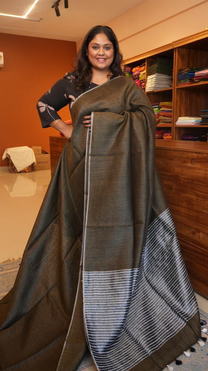 Bhagalpuri Pure Linen Saree with Jute work -06-06-01-23 (SOFT WALNUT)