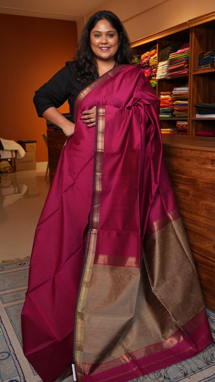 Plain Maheshwari Silk Cotton Saree -05-06B-06-09 (DRAGON FRUIT GLAZE)