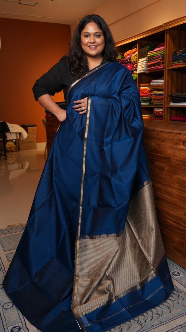 Plain Maheshwari Silk Cotton Saree -05-06B-06-10 (BLUEBERRY NOIR)