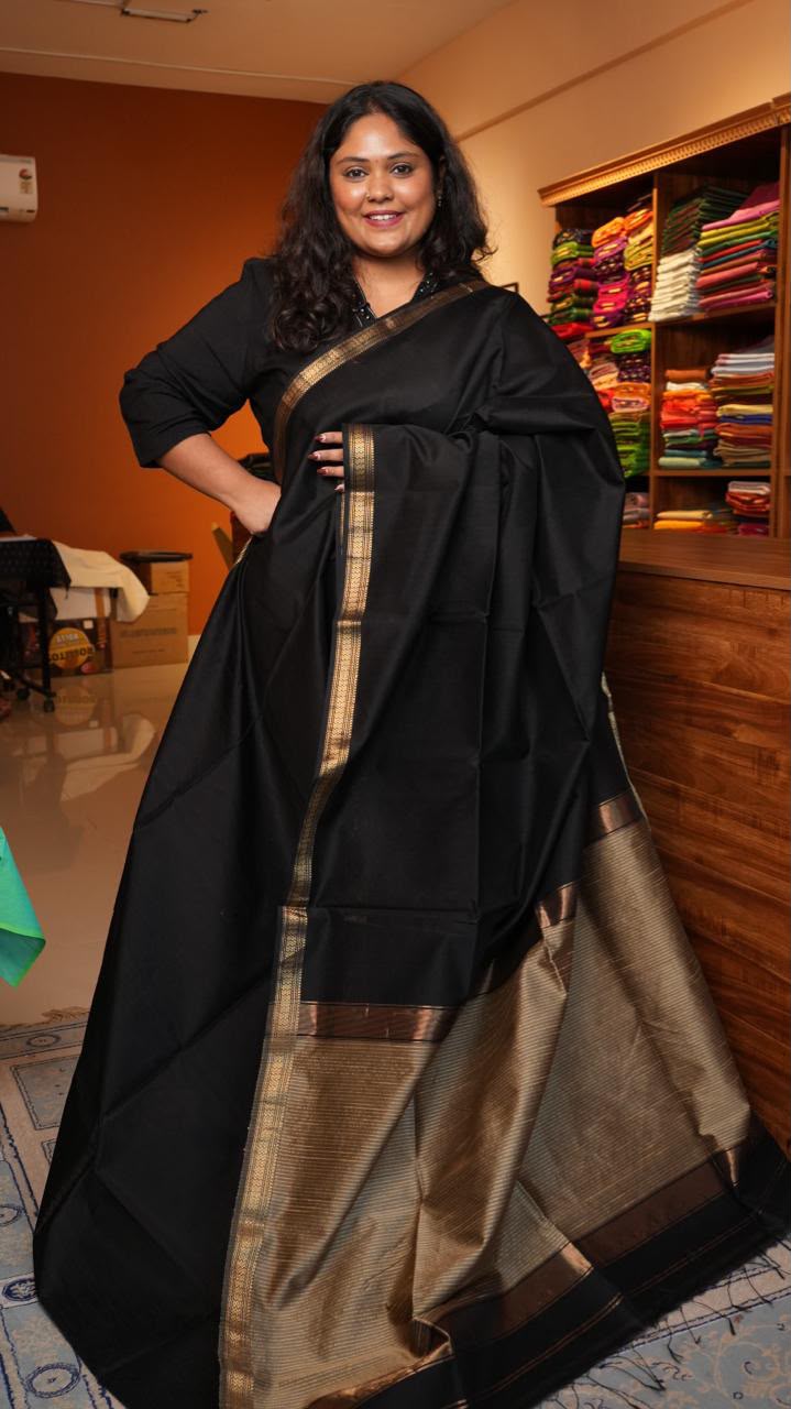 Plain Maheshwari Silk Cotton Saree -05-06B-06-03 (BLACK FOREST)