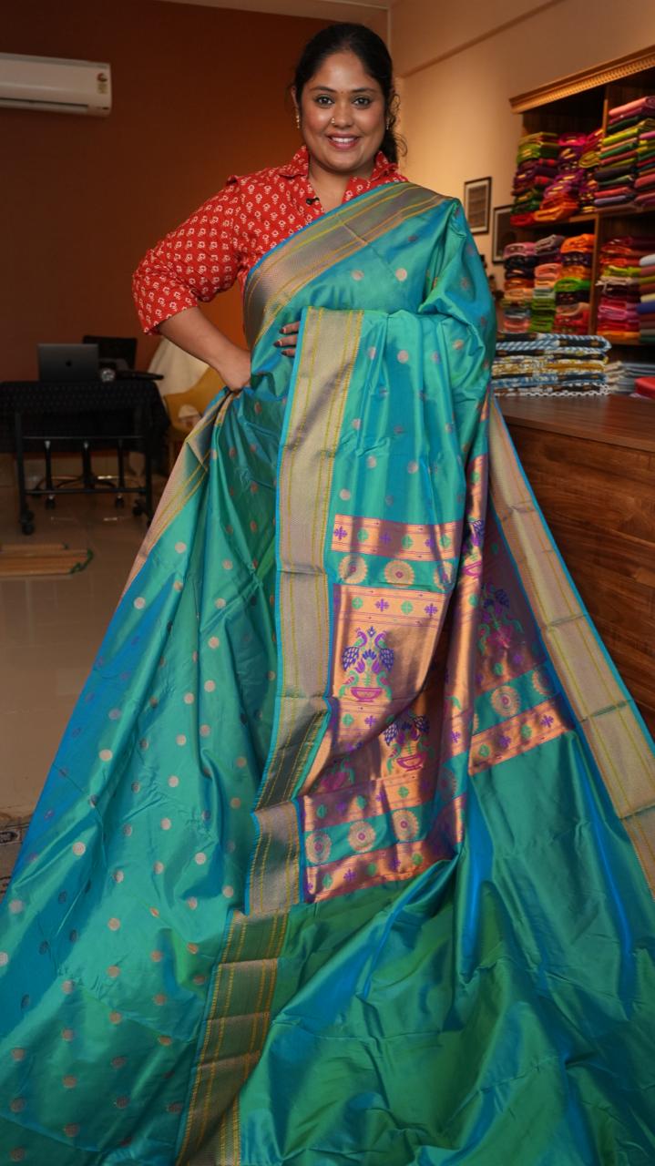 Paithani Semi Silk Sarees - 44-06-01-08 (AQUA MARINE)