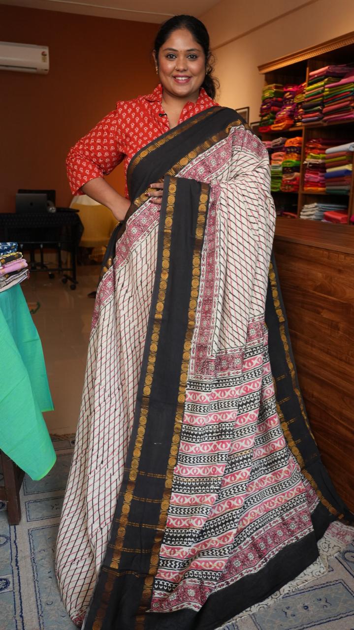 Madurai Cotton X Bagru Saree -11-06F-01-11 (BERRY CREAM)